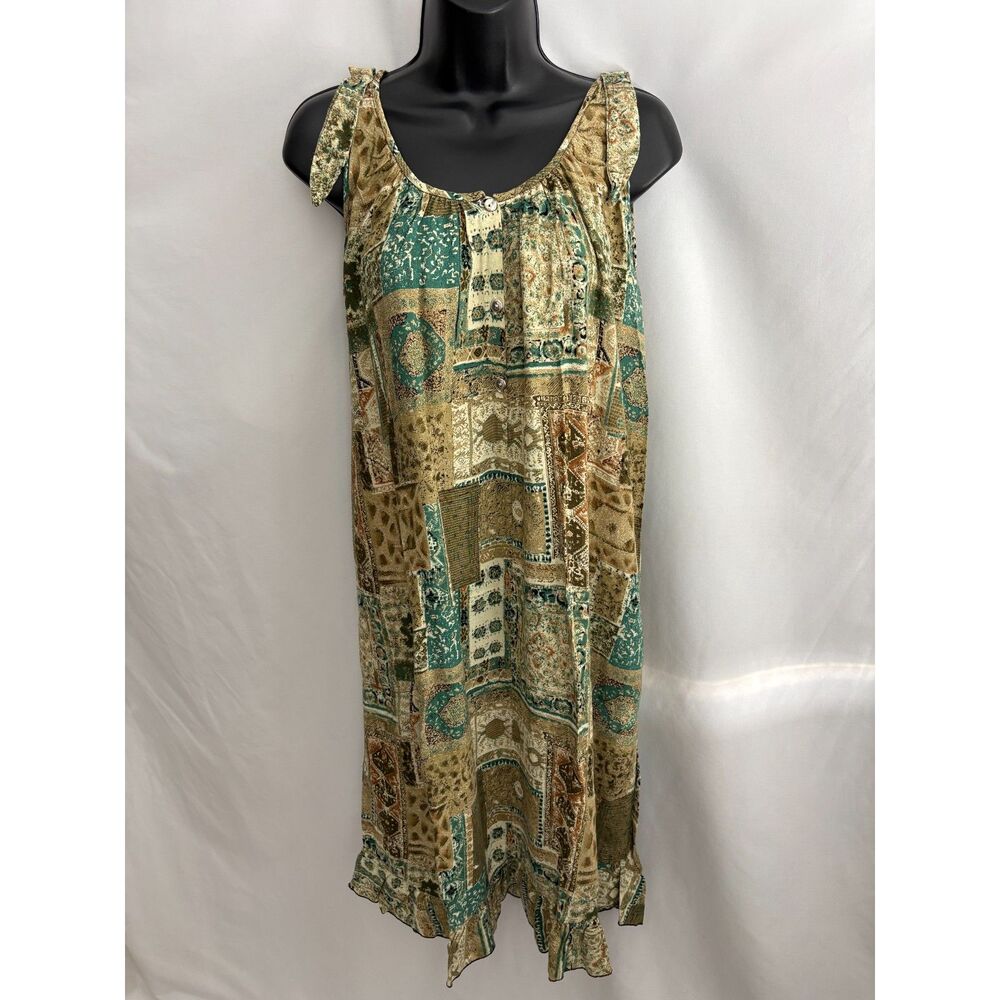 Yanee Vintage Green Tie Shoulder Kaftan Midi Dress Retro One Size Flowy Thai